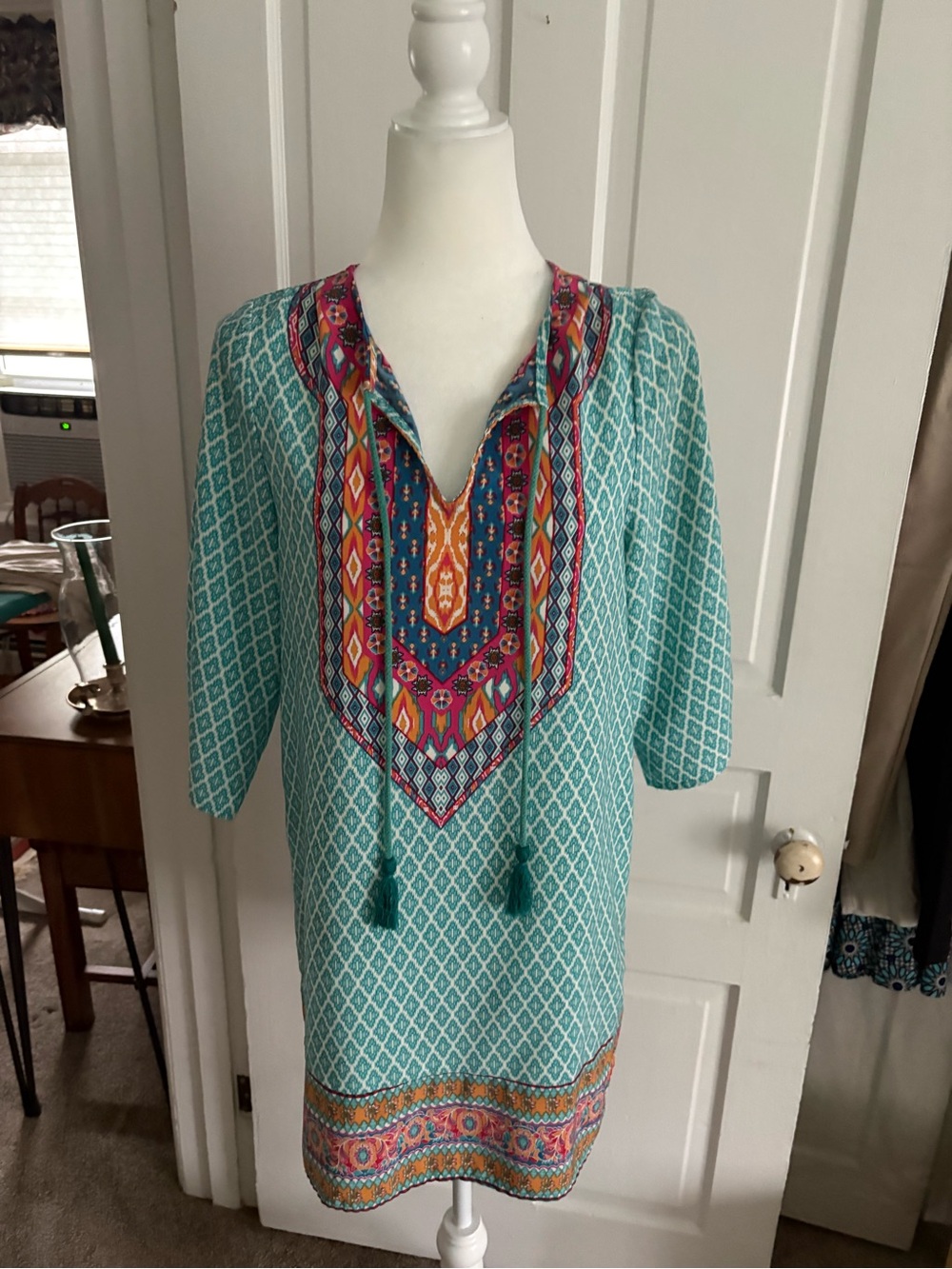 Women's Teal Patterned Short Sleeve Tunic Top